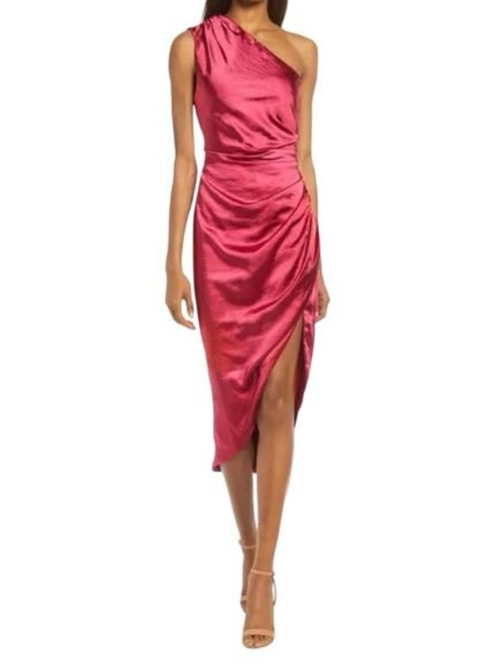 Elliatt One-Shoulder Satin Midi Dress in Raspberry-NWOT